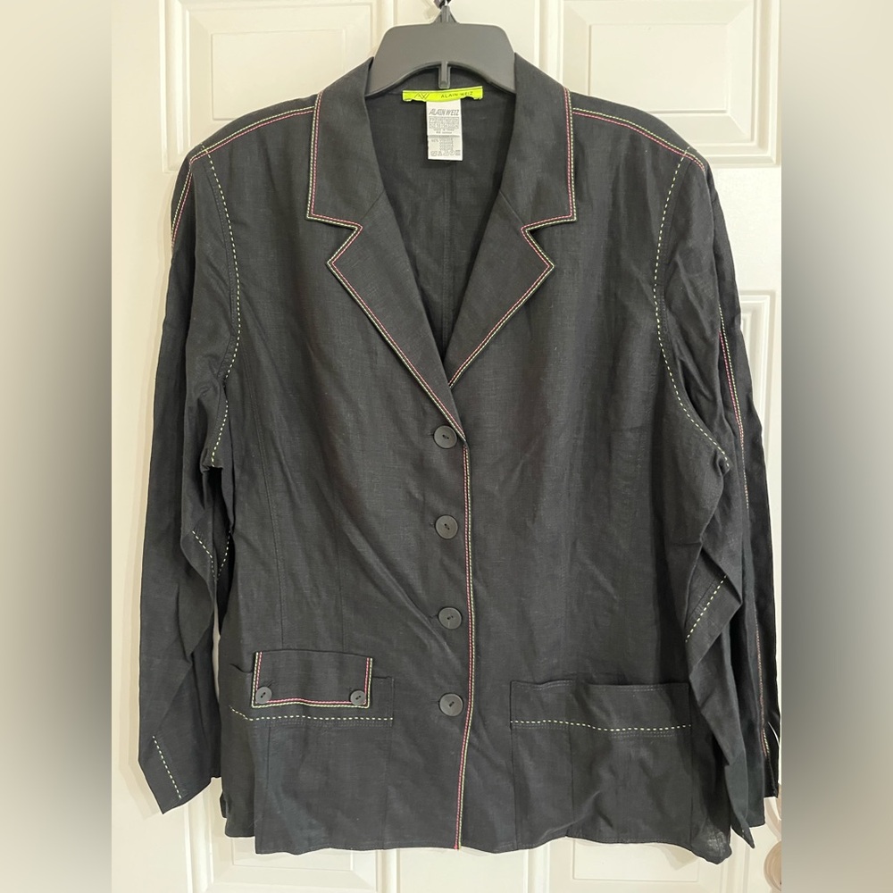 NWT Alain Weiz Women's 22 Linen Blend Blazer Jacket‎ Black w/ Contrast Stitching